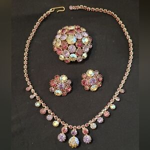 Vintage Antiqu Aurora Borealis AB antique, necklace, clip on earings, and brooch